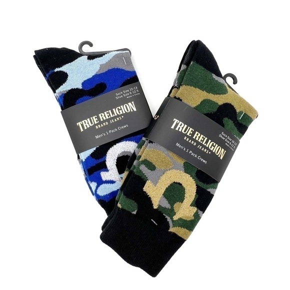 True Religion Men’s Crew Socks Camo 2 Pair - 1 Blue 1 Green Cotton New NWT - Picture 1 of 3